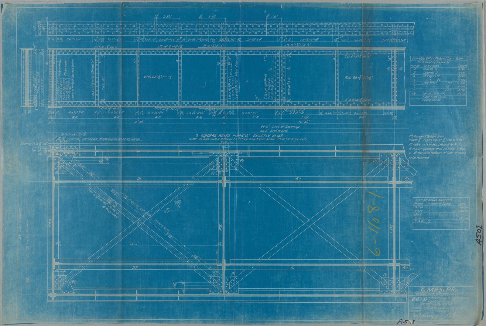 Drawing showing details of girders.  Courtesy of Milwaukee Road Archives at the Milwaukee Public Library